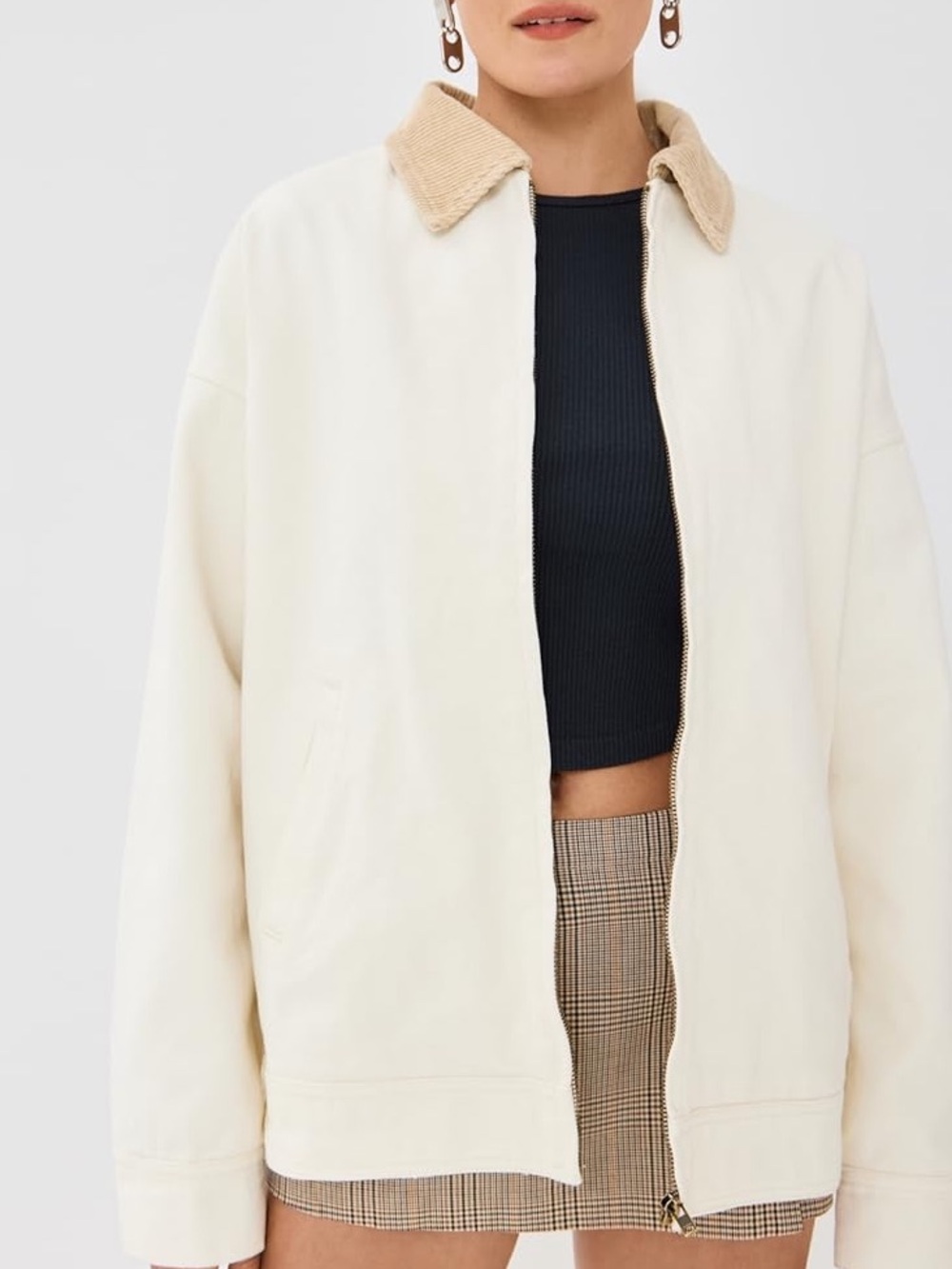 Lioness Cream Zip-Front Jacket with Tan Corduroy Collar